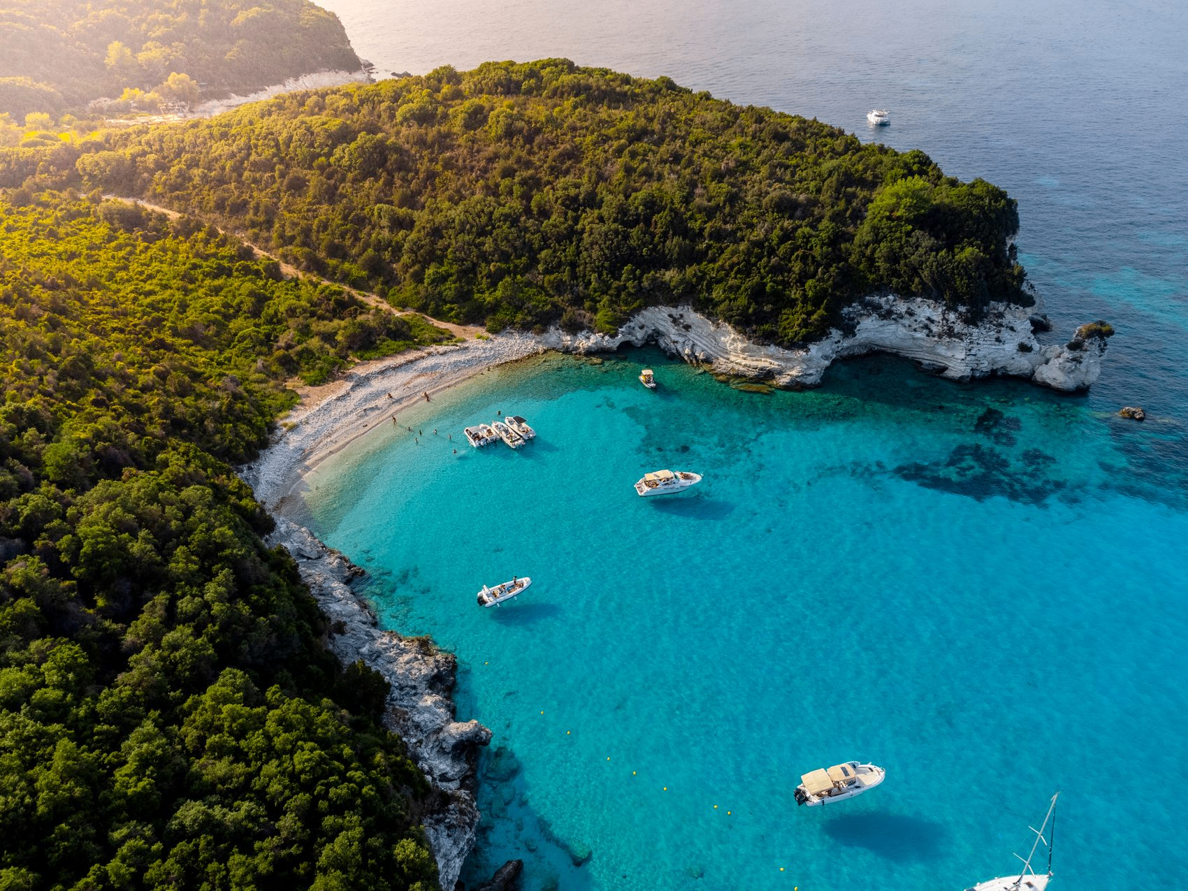 Aerial view of boats sailing off the Corfu coast