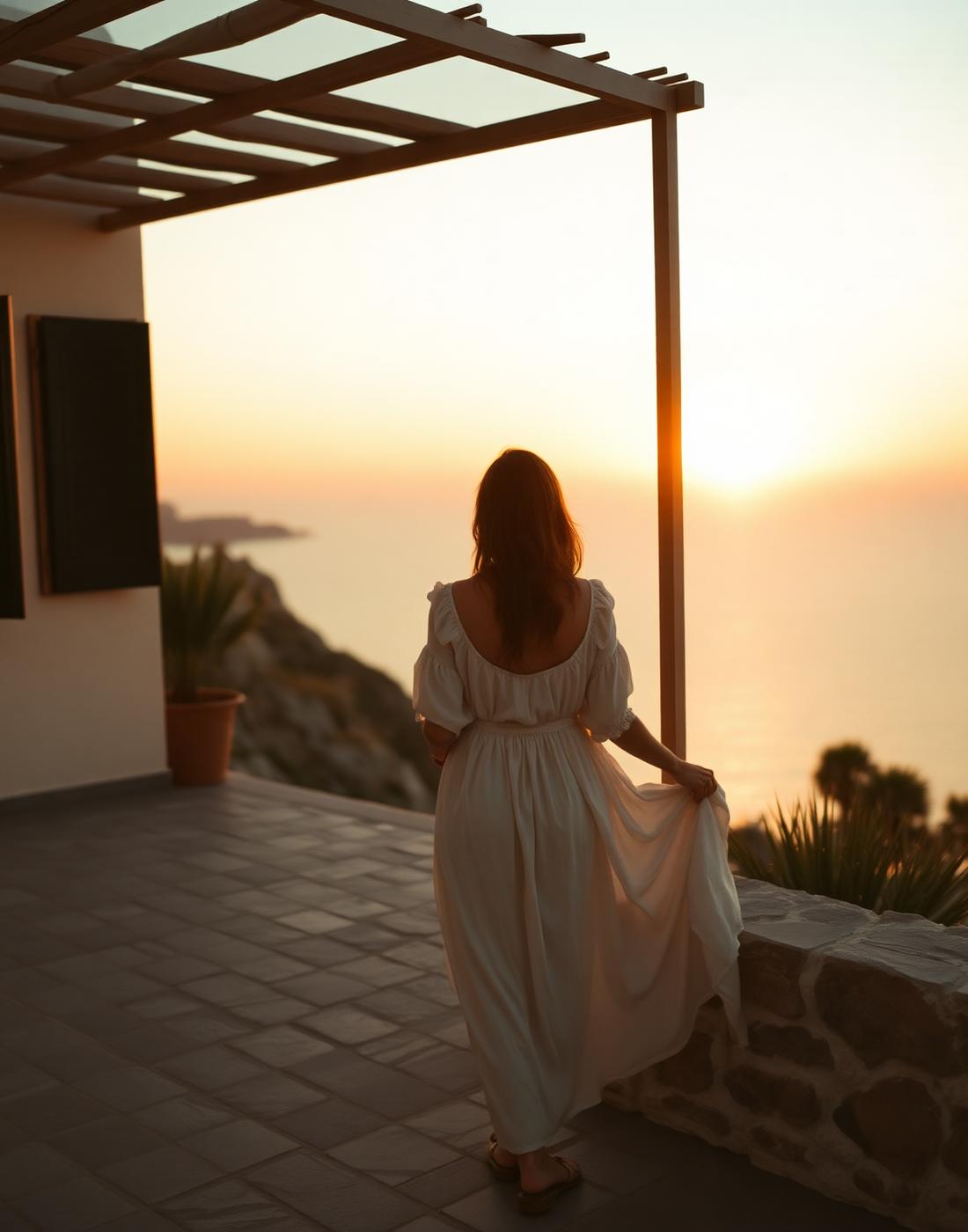Woman on a Mediterranean terrace at golden hour